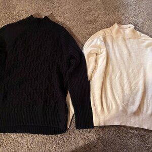 Lot of 2 Women's Medium Wool TURTLENECK SWEATERS, Black Cable+ Cream Solid, Sz M